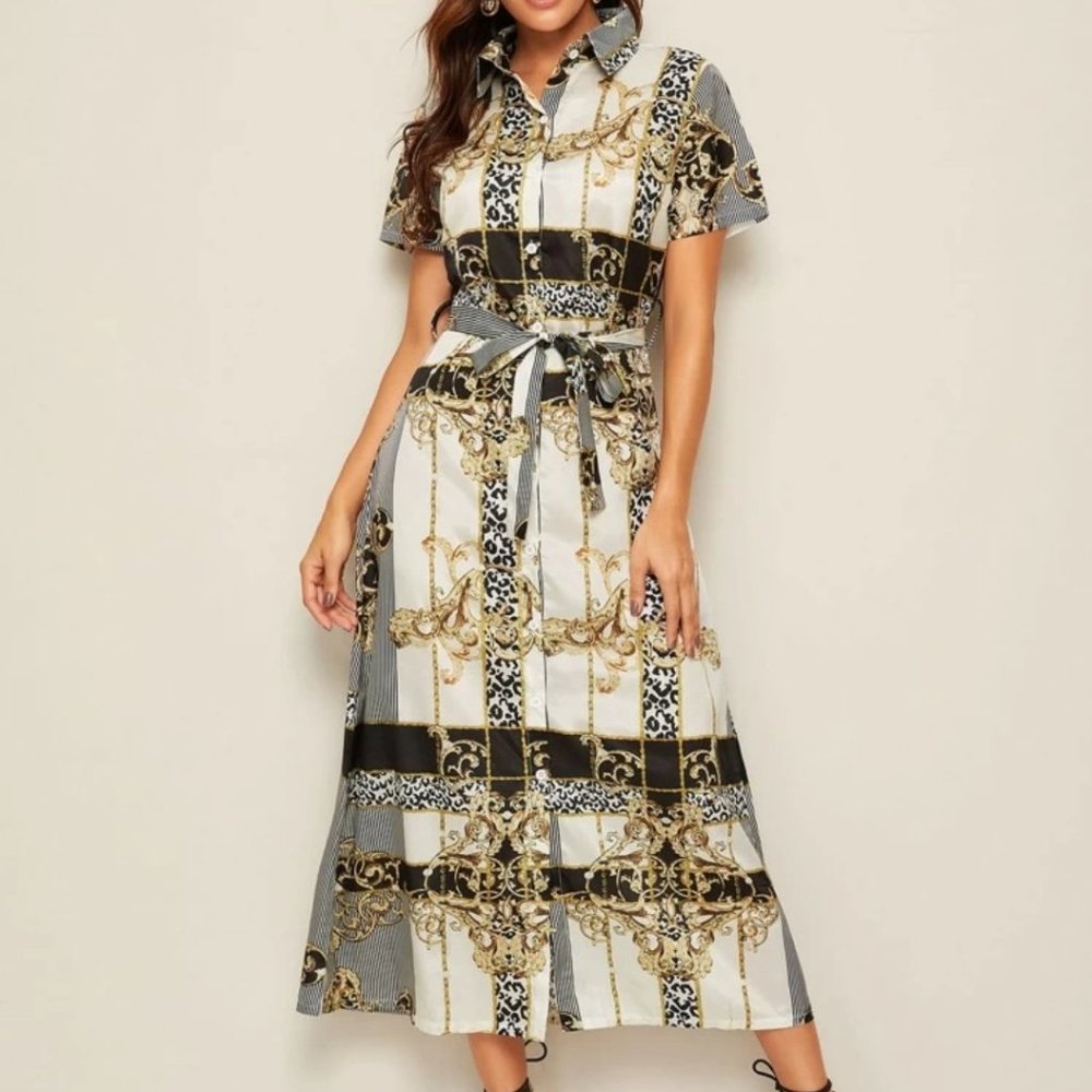 Scarf Print Belted Dress